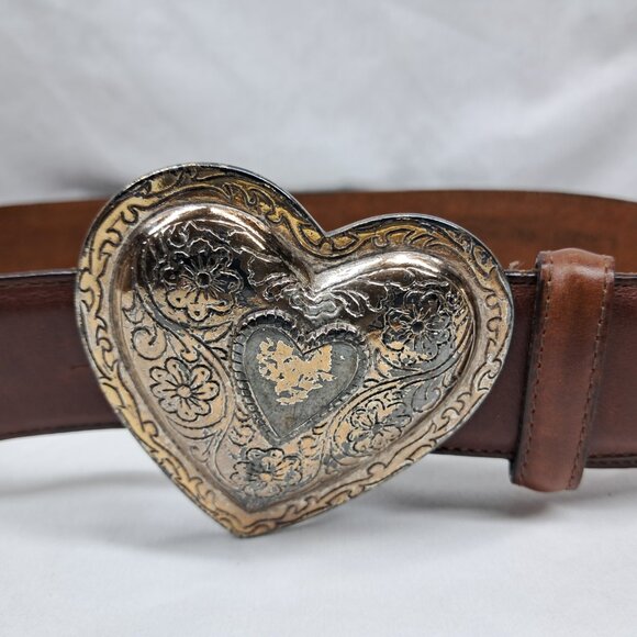 Vtg 1993 Brighton Brown Leather Belt With Silver Tone Heart Buckle Size L #44307 - Picture 2 of 9